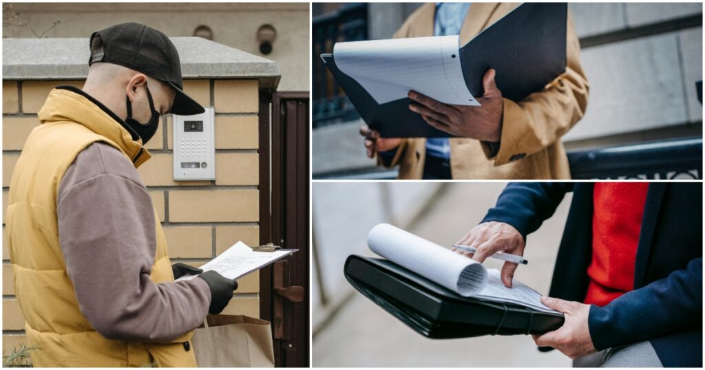 A collage of property managers and team members reviewing clipboards and inspecting areas during a property walk at a multifamily community.