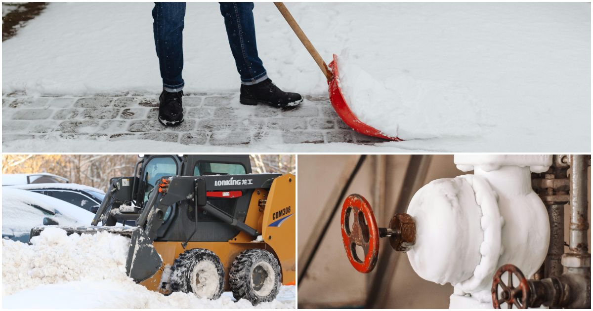 A collage with three images: one showing someone shoveling snow, another showing a snow plow clearing a driveway, and the third showing frozen pipes inside a home.