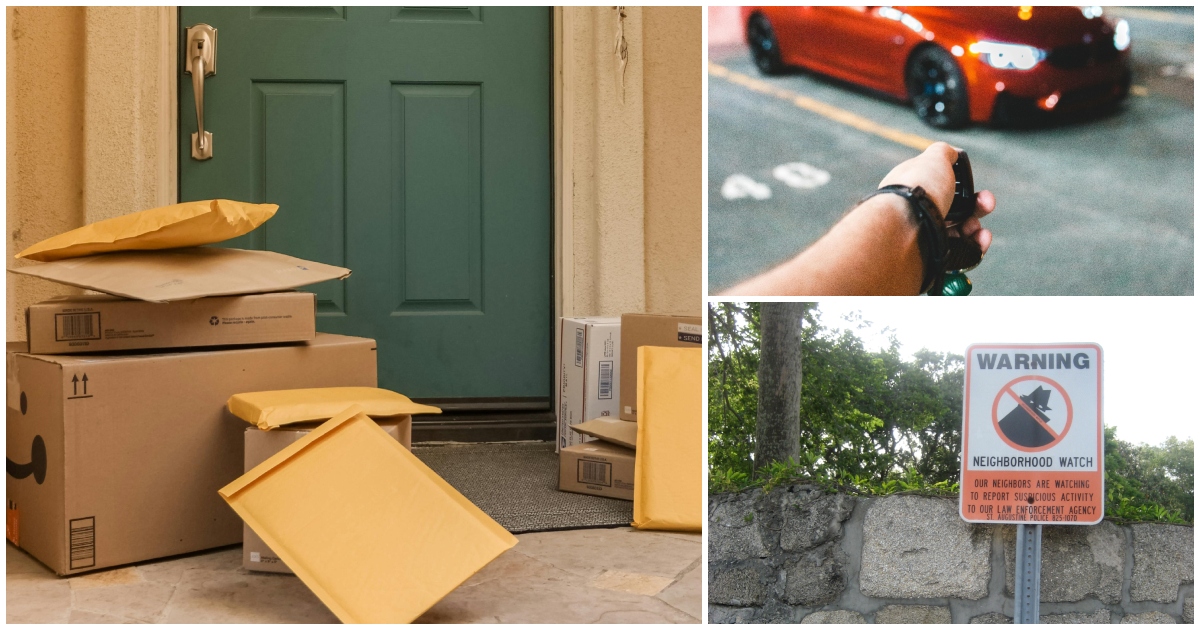 A collage featuring three images: a person locking their car with a key fob, a neighborhood watch sign posted on a street, and a doorstep with multiple delivered packages.