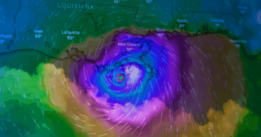 Weather radar showing a hurricane system approaching the Gulf Coast near New Orleans.