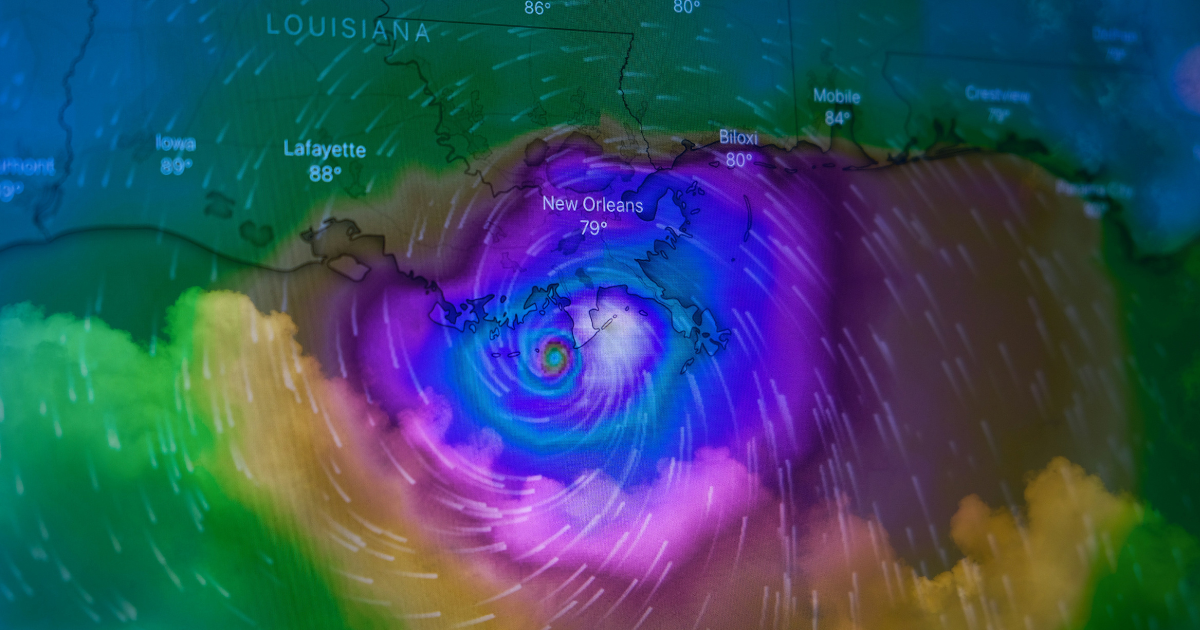 hurricane prep Weather radar showing a hurricane system approaching the Gulf Coast near New Orleans.