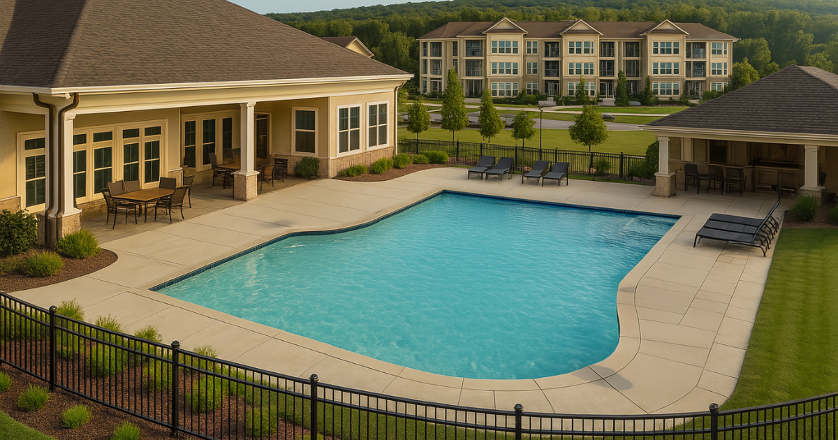 Aerial view of a community swimming pool and clubhouse surrounded by garden-style apartment buildings, manicured lawns, and a black wrought-iron fence under a clear sky.