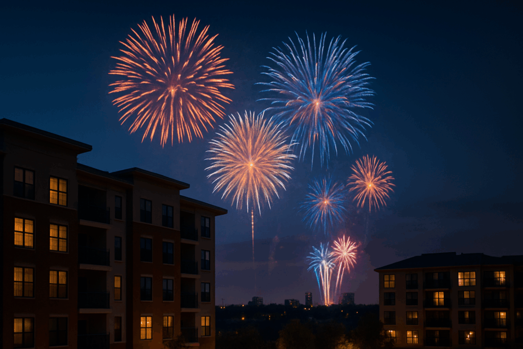 Nighttime view of red, white, and blue fireworks bursting high above two multi-story apartment buildings, with the distant city skyline silhouetted below.