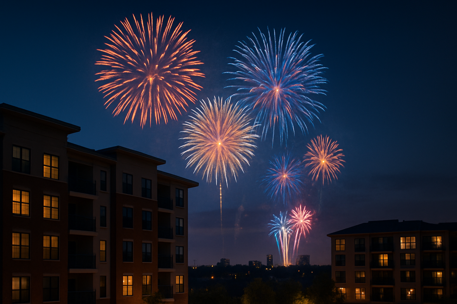 Nighttime view of red, white, and blue fireworks bursting high above two multi-story apartment buildings, with the distant city skyline silhouetted below.