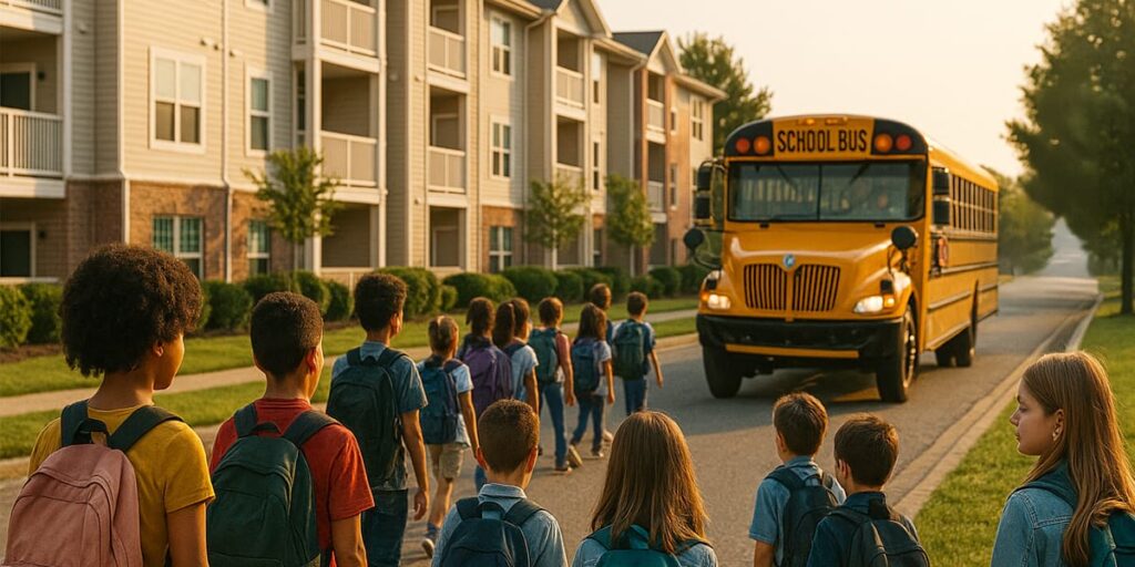 Children with backpacks waiting for a yellow school bus outside an apartment community in the morning.
